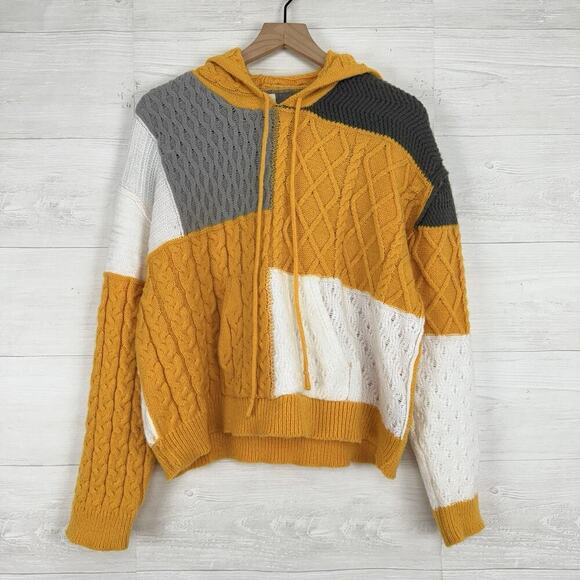 POL Chunky Cable Knit Colorblock Sweater Women S Hooded Yellow White Spring Twee - Picture 13 of 13